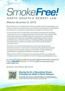 North Dakota Smoke Free announcement retrieved from the mail box on December 5, 2012.